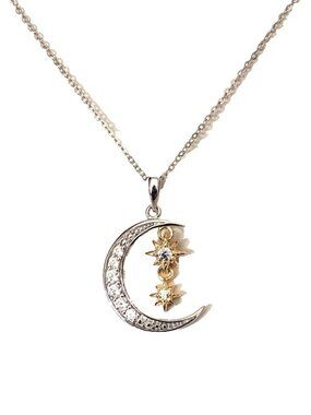Celestial Necklace NEW Bleu Sage 14k GP Sterling Stars Pave Set w Stones 16"-18"